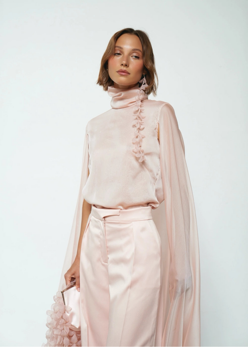 AETHER Voluminous Ruffle Blouse with Cape