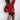 Woman wearing a red sweater coquette, mohair sweater velvet detail hand-knitted