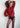 Woman wearing a red sweater coquette, mohair sweater velvet detail hand-knitted